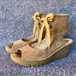 Fly London Tan Wedge Sandals with Ankle Strap and Sturdy Sole